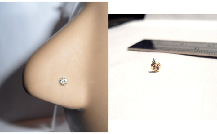 10K Yellow Gold Bezel Set CZ Nose Jewelry Bone Ball End Post Pin 20 gauge 20g - I Love My Piercings!