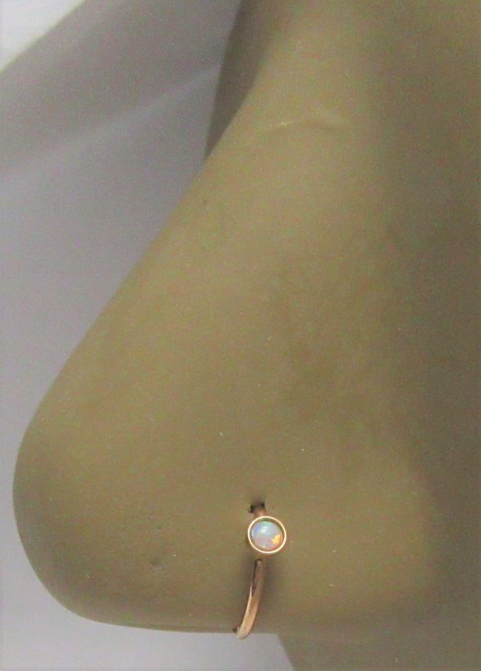 14k Rose Gold Plating White Opal Seamless Nose Hoop Ring 20 gauge 20g 8 mm - I Love My Piercings!