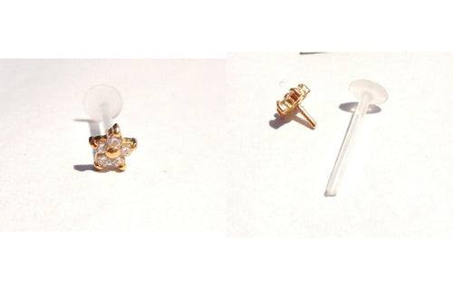 14K Yellow Gold Clear CZ Flower Crystal Bioplast Flexible Post Stud 16 gauge 16g - I Love My Piercings!