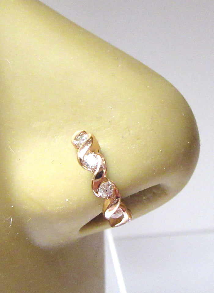 18K Rose Gold Plated Nose Hoop Stud Clear Gem Swirl Wrapped Crystal 20 gauge - I Love My Piercings!