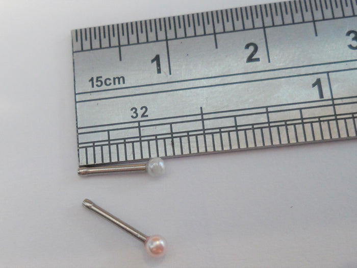 2 Surgical Steel Pink White Pearl Nose Bones Ball End Studs Rings 20 gauge 20g - I Love My Piercings!