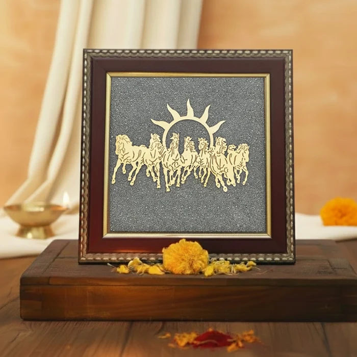 7 Running Horses Frame & Raw Pyrite Stone | Success & Wealth Combo