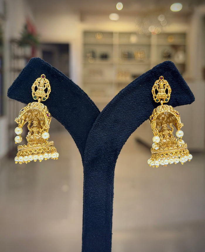 Antique Temple Lakshmi Pearl Jhumka Earrings Set