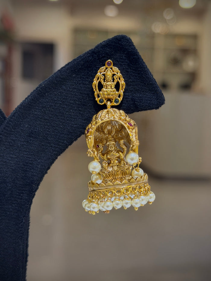 Antique Temple Lakshmi Pearl Jhumka Earrings Set