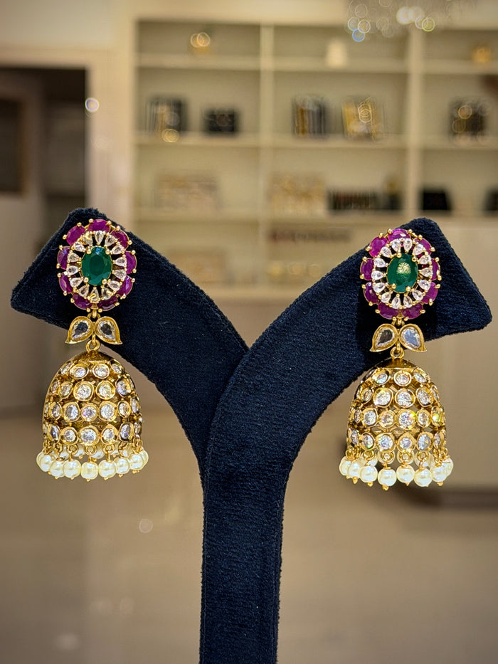 Emerald Floral Kundan Pearl Jhumka Earrings