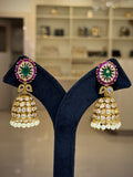 Emerald Floral Kundan Pearl Jhumka Earrings