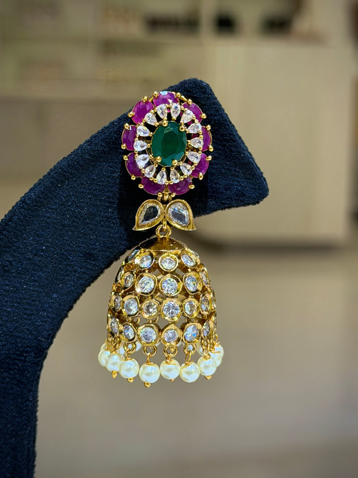Emerald Floral Kundan Pearl Jhumka Earrings