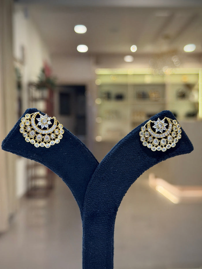 Flower Crescent Triple Arc Crystal Chandbali Earrings