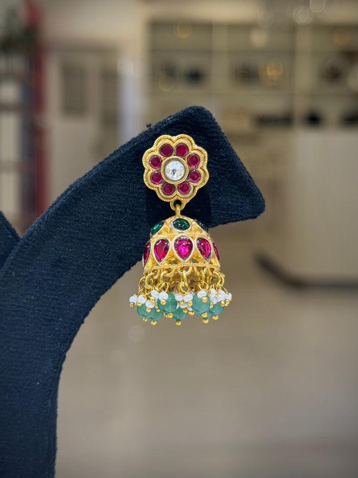 Flower Ruby‑Green Cluster Jhumka Earring