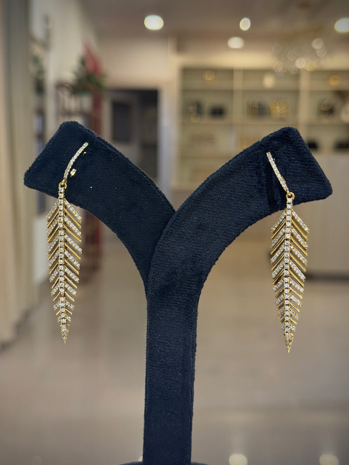 Gold Crystal Feather Long Dangle Earrings Set
