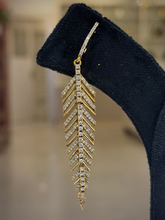 Gold Crystal Feather Long Dangle Earrings Set