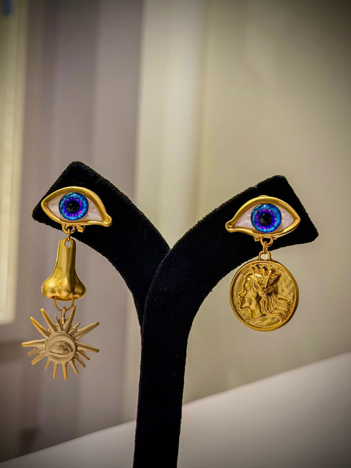 Gold Evil Eye Charm Dangle Earrings Set