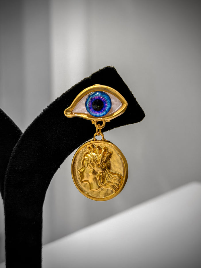 Gold Evil Eye Charm Dangle Earrings Set