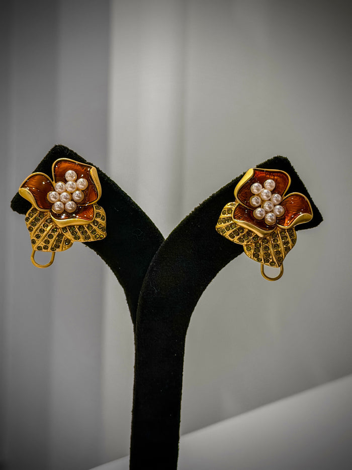 Gold Floral Pearl CZ Stud Earrings Set
