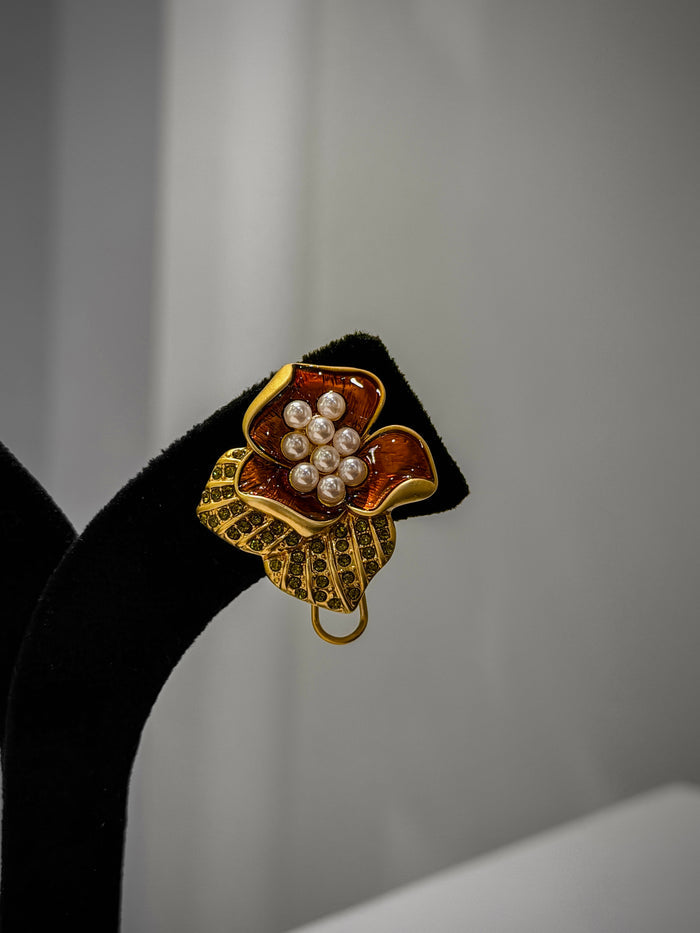 Gold Floral Pearl CZ Stud Earrings Set
