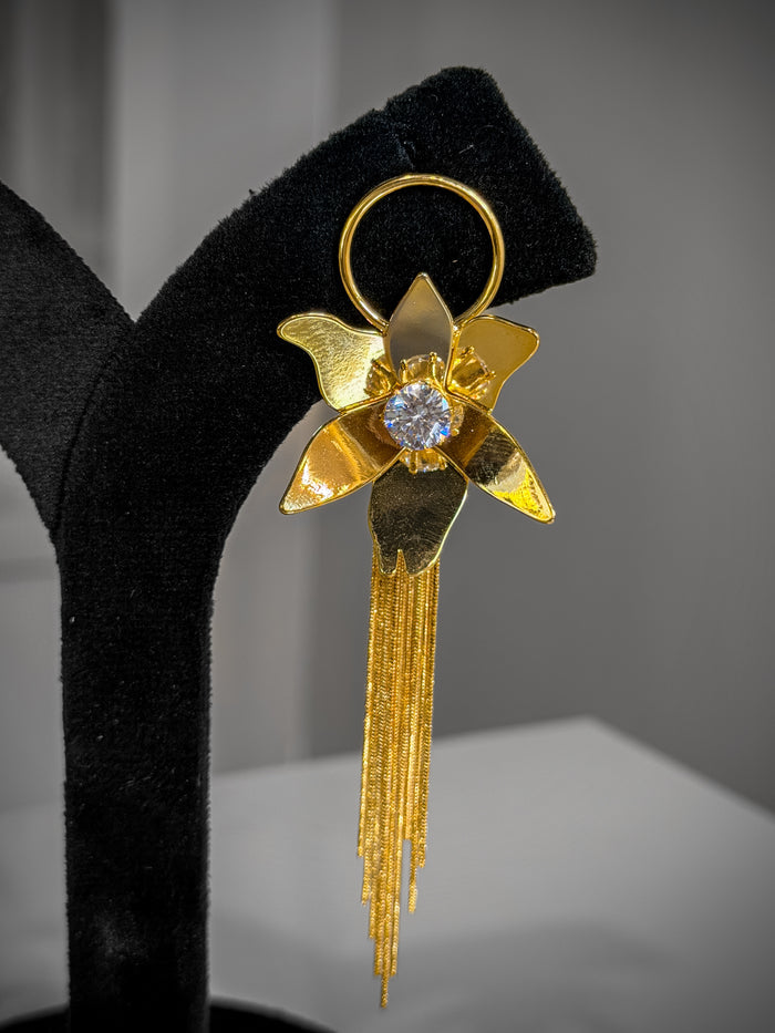 Gold earring with tassels and a central gemstone