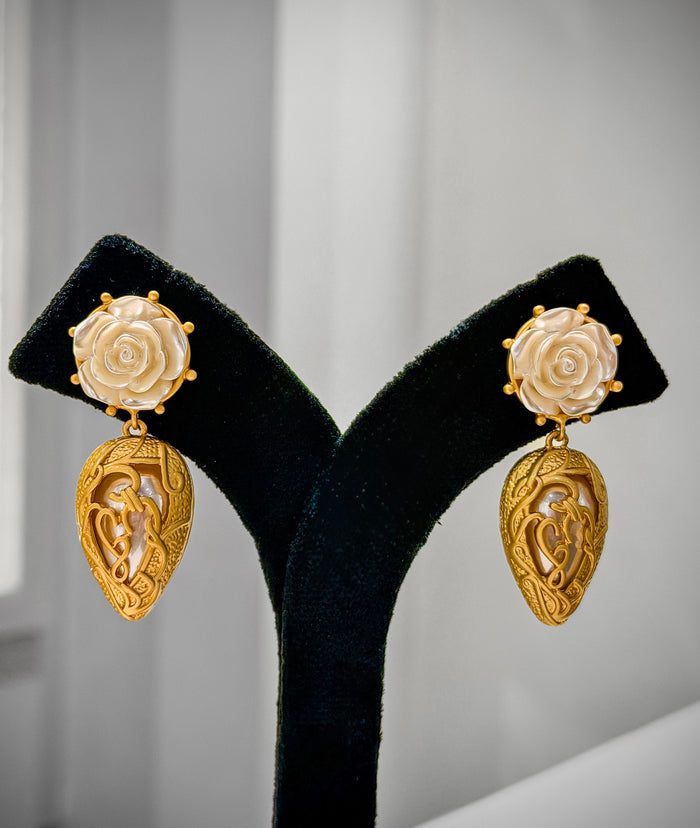 Gold Rose Studs Dangle Earrings Set A120