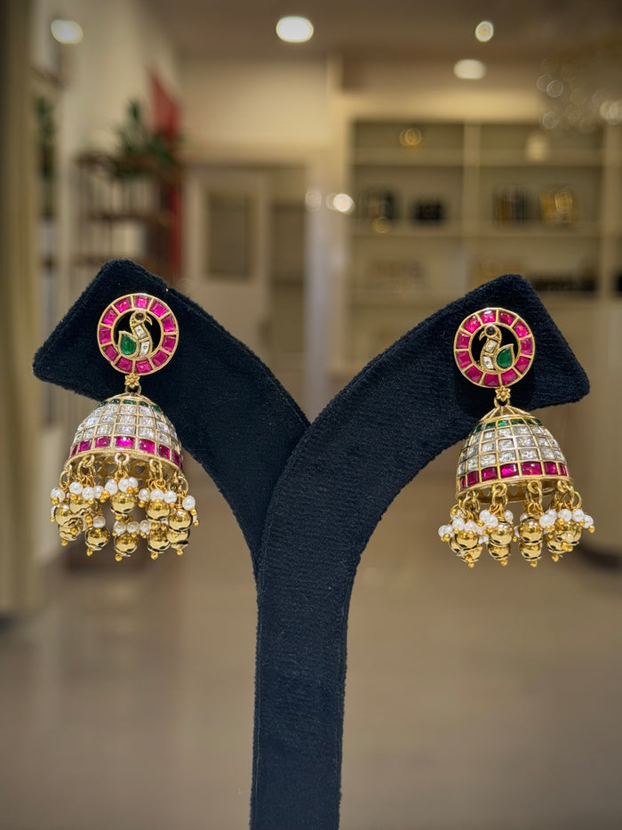 Kundan Stone Bird Motif Pearl Drops Jhumka Earrings