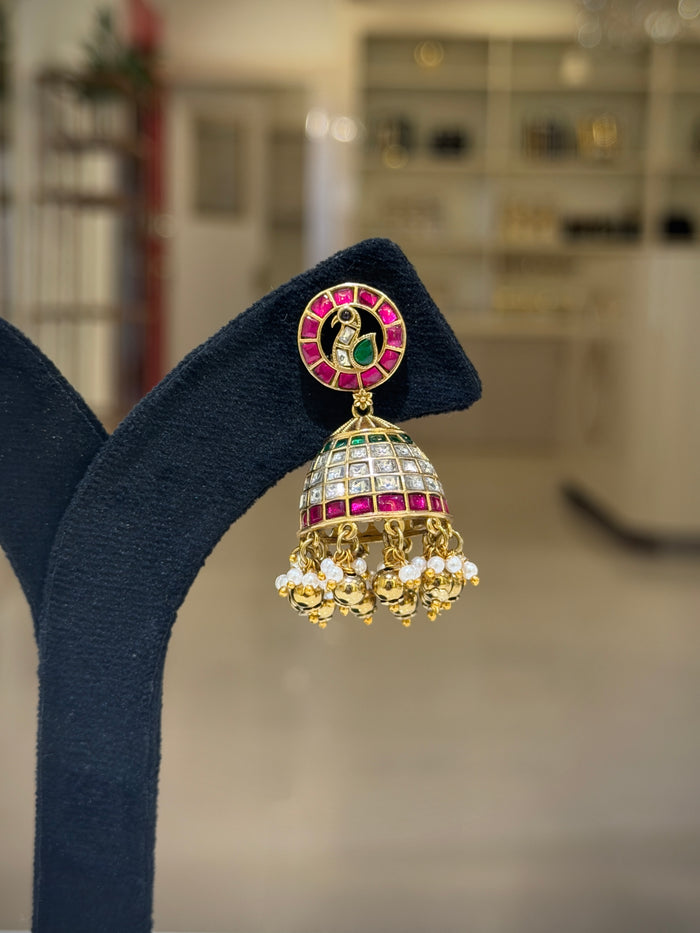 Kundan Stone Bird Motif Pearl Drops Jhumka Earrings