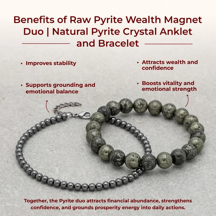 Raw Pyrite Wealth Magnet Duo | Natural Pyrite Crystal Anklet and Bracelet - view 4