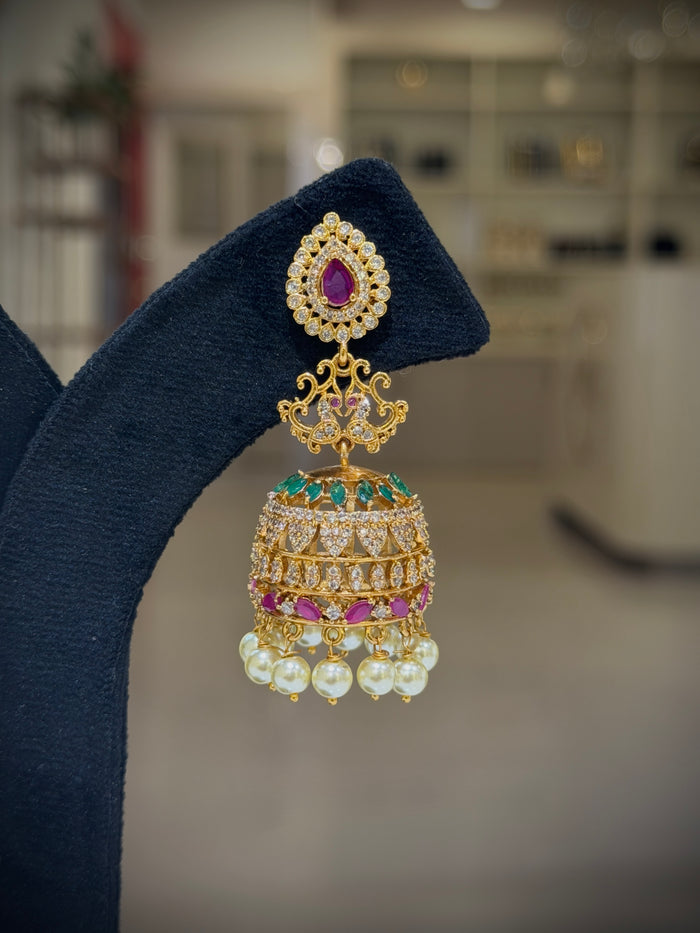 Ruby Multi‑Stone Pearl Jhumka Earrings Set
