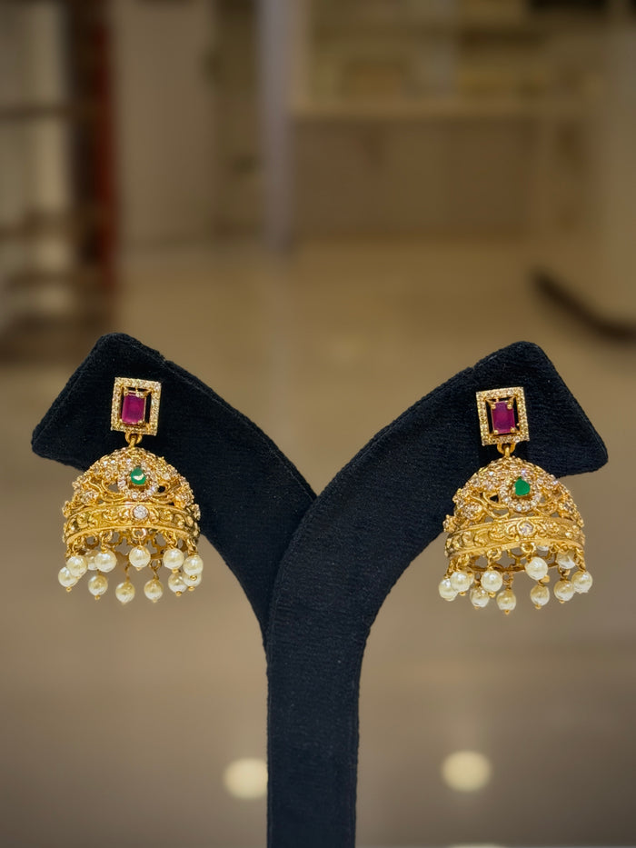Ruby Top Pearl Drop Jhumka Earrings Set