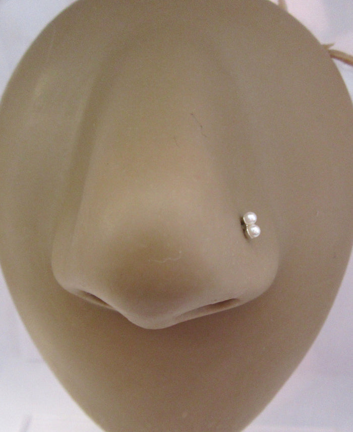 Sterling Silver Double White Faux Pearl Nose Ring L Shape Stud 22 gauge 22g - I Love My Piercings!